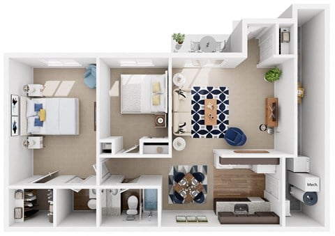 Floor plan for 2 beds, 1.5 baths, 1000 sqft